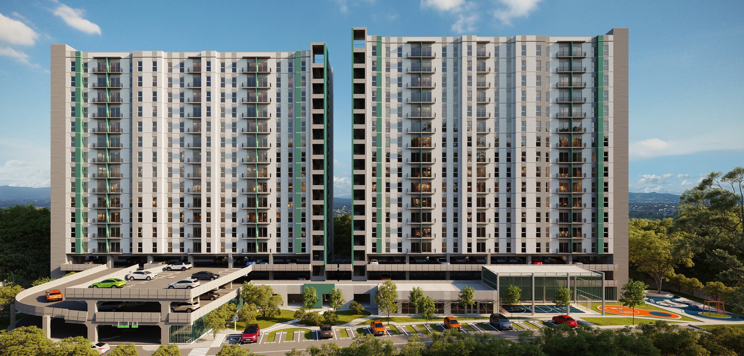 Front facade of both towers